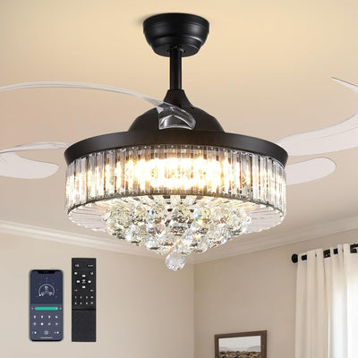 Ventilador techo cristal 48pulg luz aspas retráctiles control remoto negro