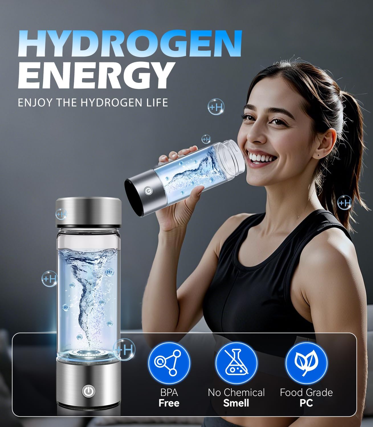 Botella agua hidrógeno 24h doble contenido sin cloro ni ozono