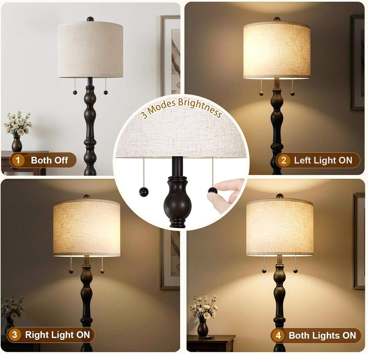 Lámpara pie rústica madera natural 65.5 interruptor doble tirón