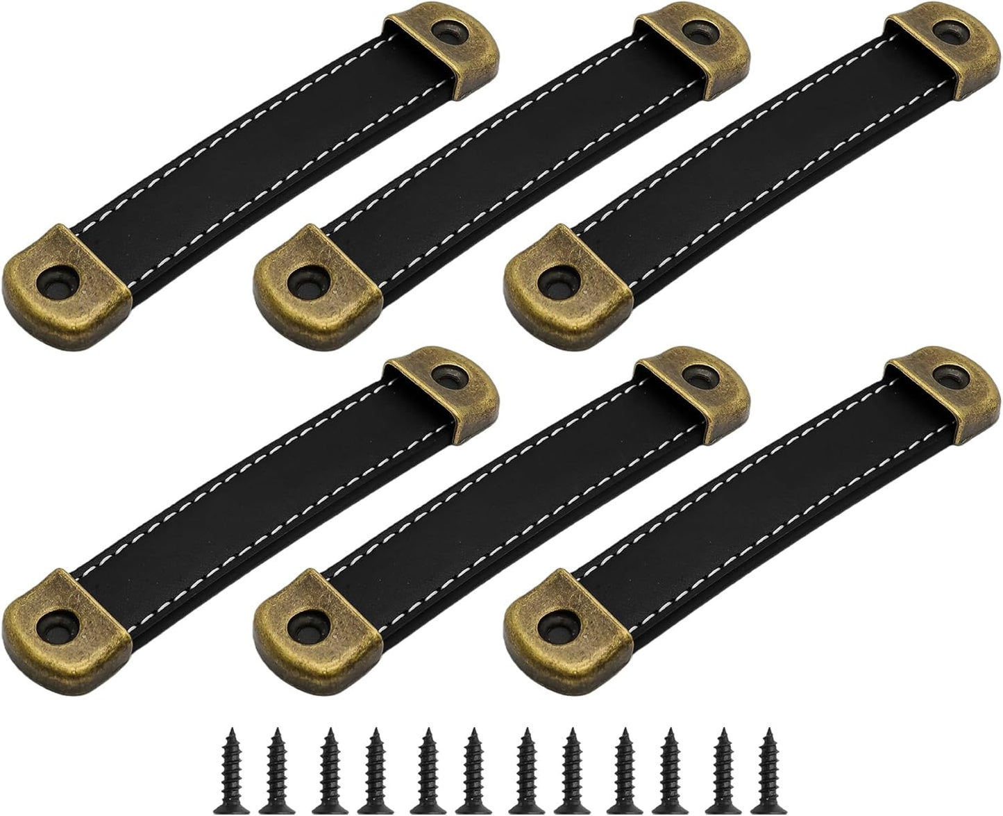 6 Tiradores Cuero 4pulg Estilo Vintage para Gabinete y Maleta Negro