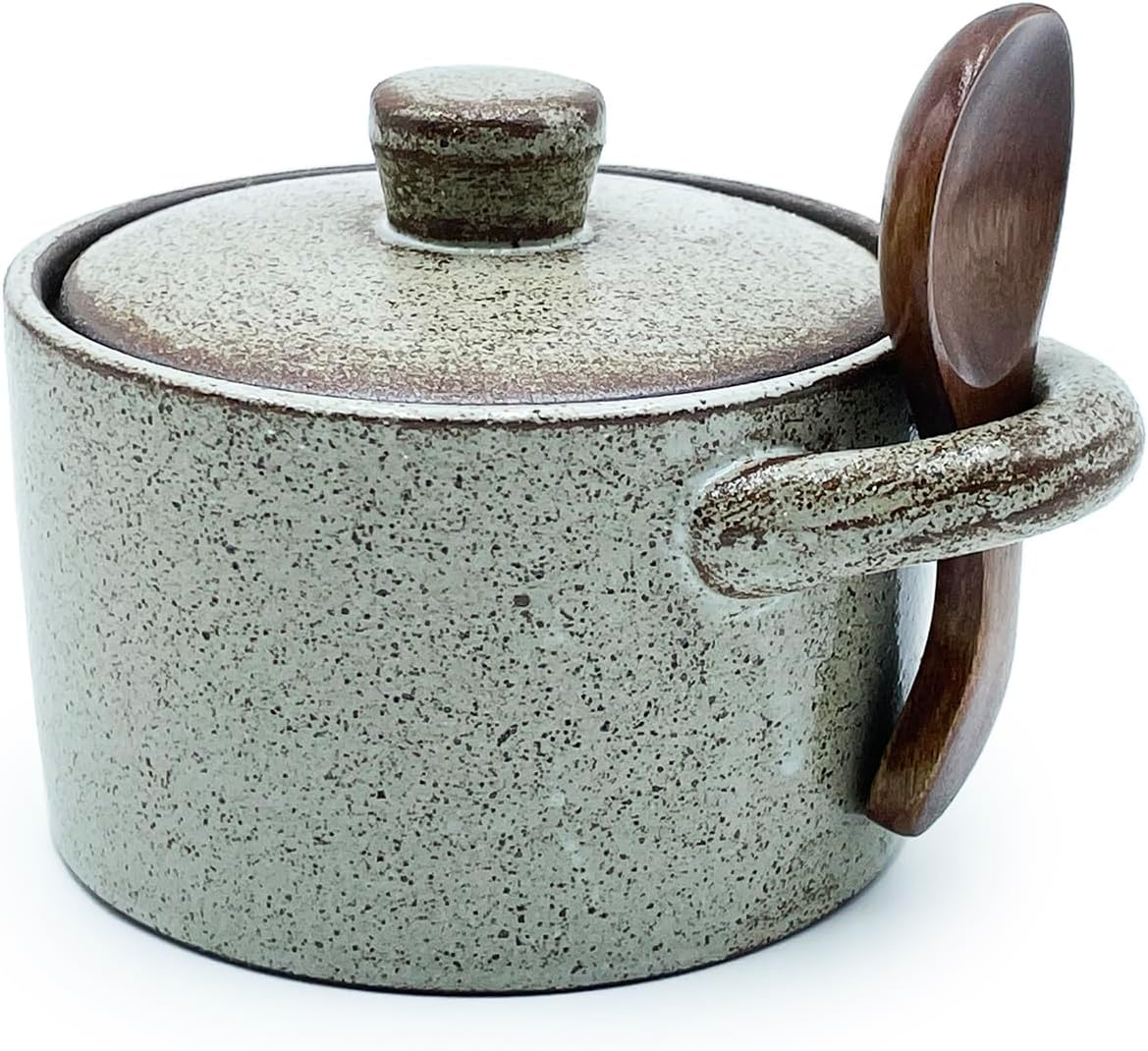 Bodega de sal de cerámica con tapa y cuchara, recipiente de 8 oz para encimera