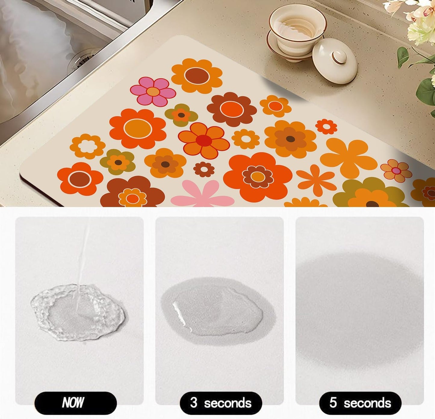 Tapete de secado de platos retro con flores naranjas de los años 70