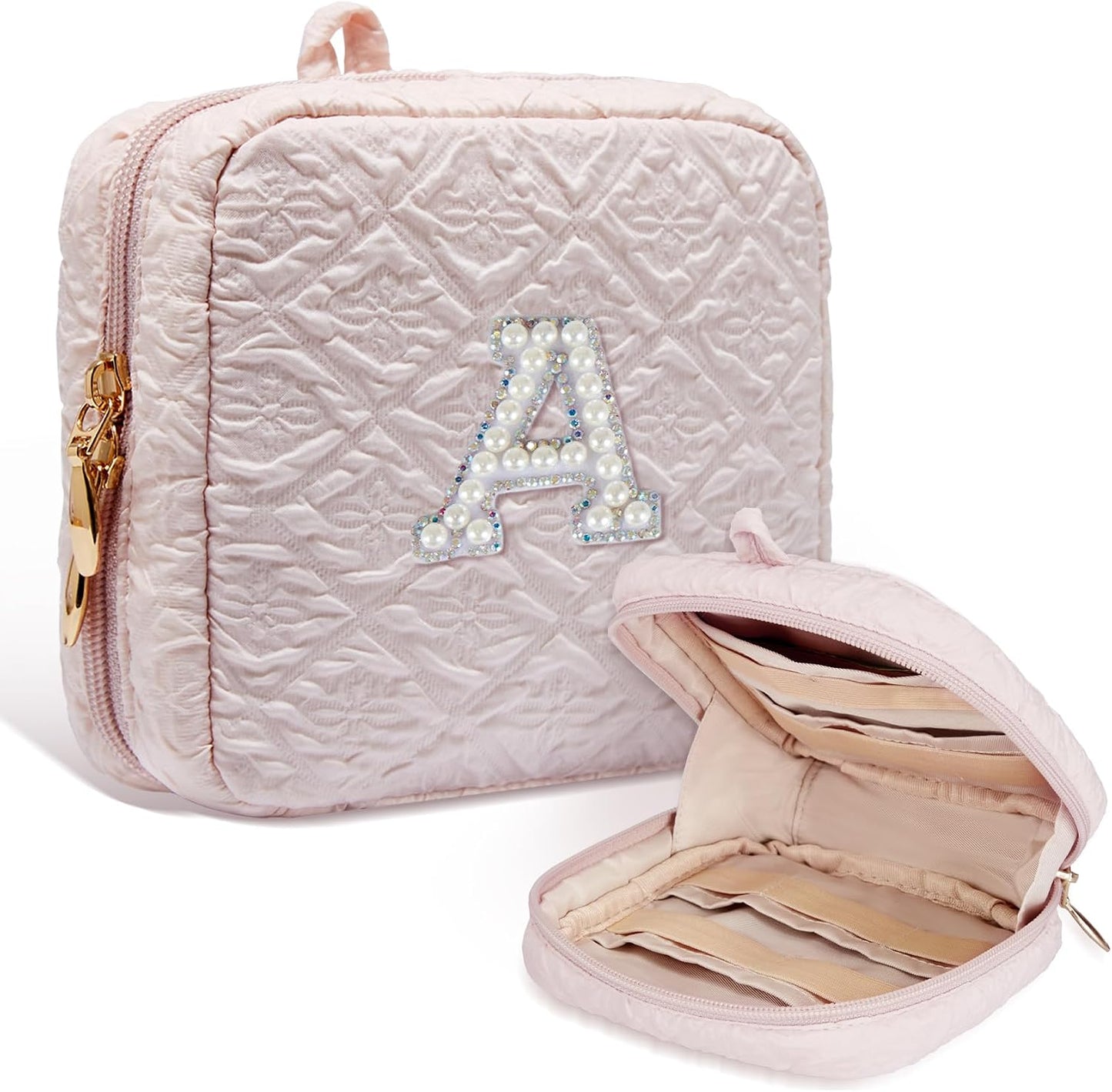 Bolsa cosméticos rosa con iniciales perlas textura seersucker