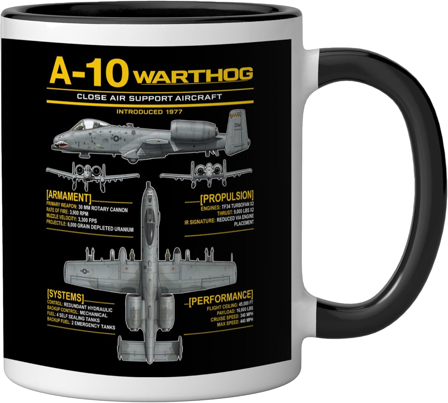 Taza cerámica A-10 Warthog militar infografía amarilla