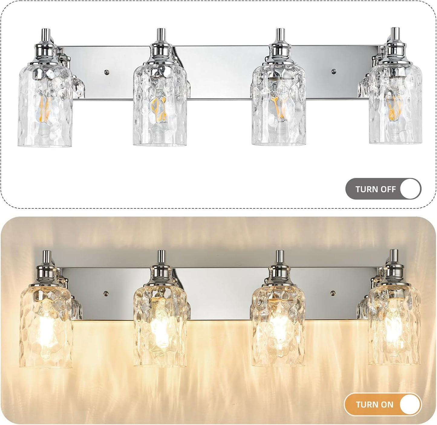 Lámpara baño sobre espejo 4 luces vidrio martillado cromado