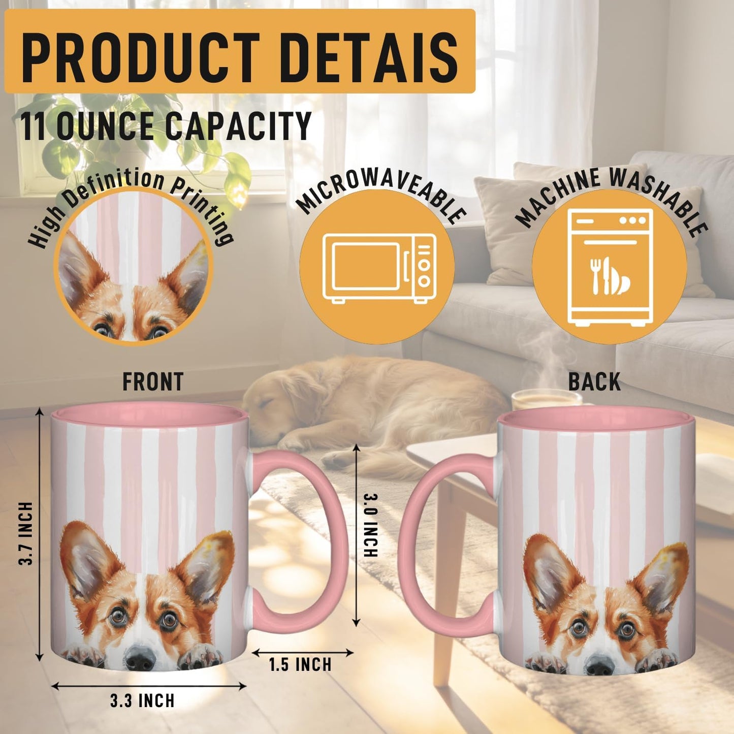 Taza Corgi de cerámica con asa 11 oz a rayas rosas y blancas