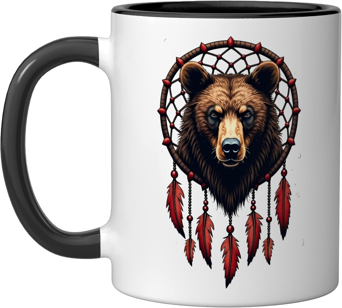 Taza cerámica Bear Dreamcatcher Nativo Americano con plumas negras/blancas