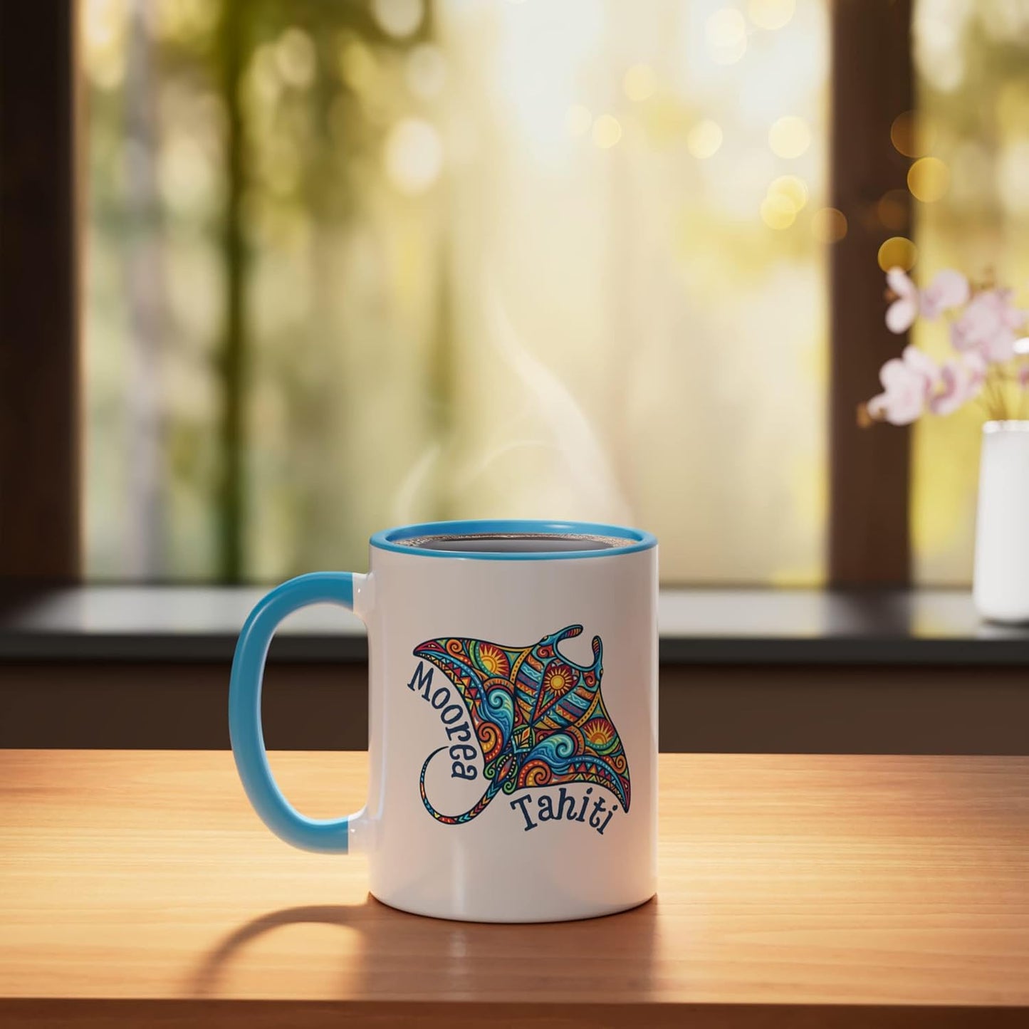 Taza cerámica Moorea Tahiti Francia Polinesia azul/blanco
