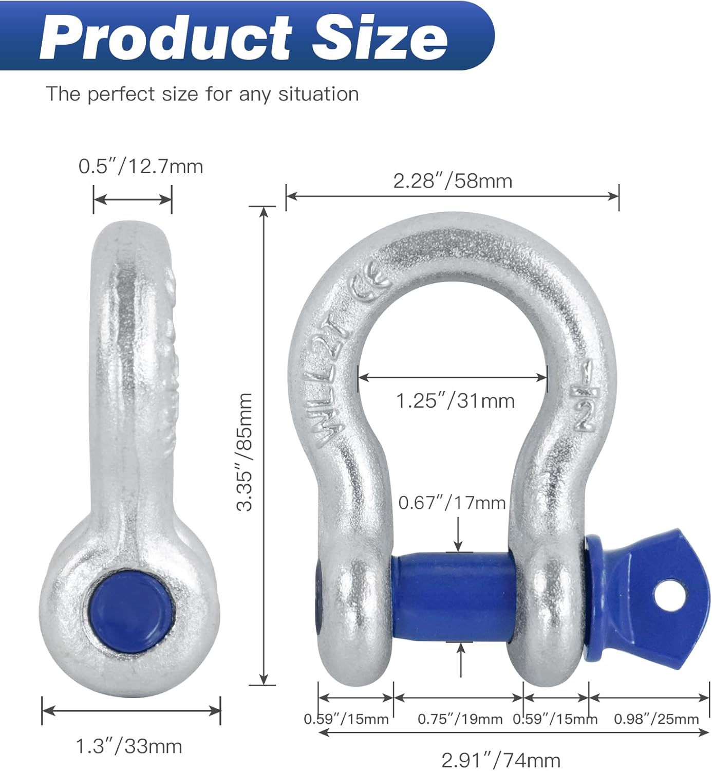 Pack 2 Grilletes Anillo D 1/2pulg Pasador 9/16pulg 26400lb