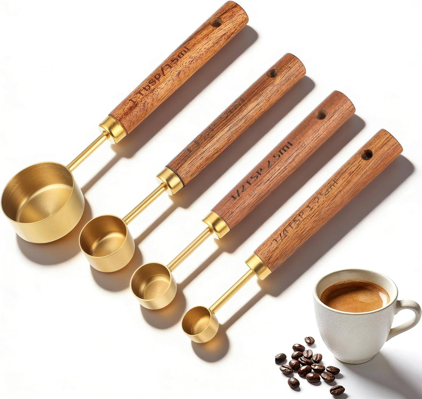 Juego de 4 cucharas medidoras doradas de acero inoxidable con asa de madera
