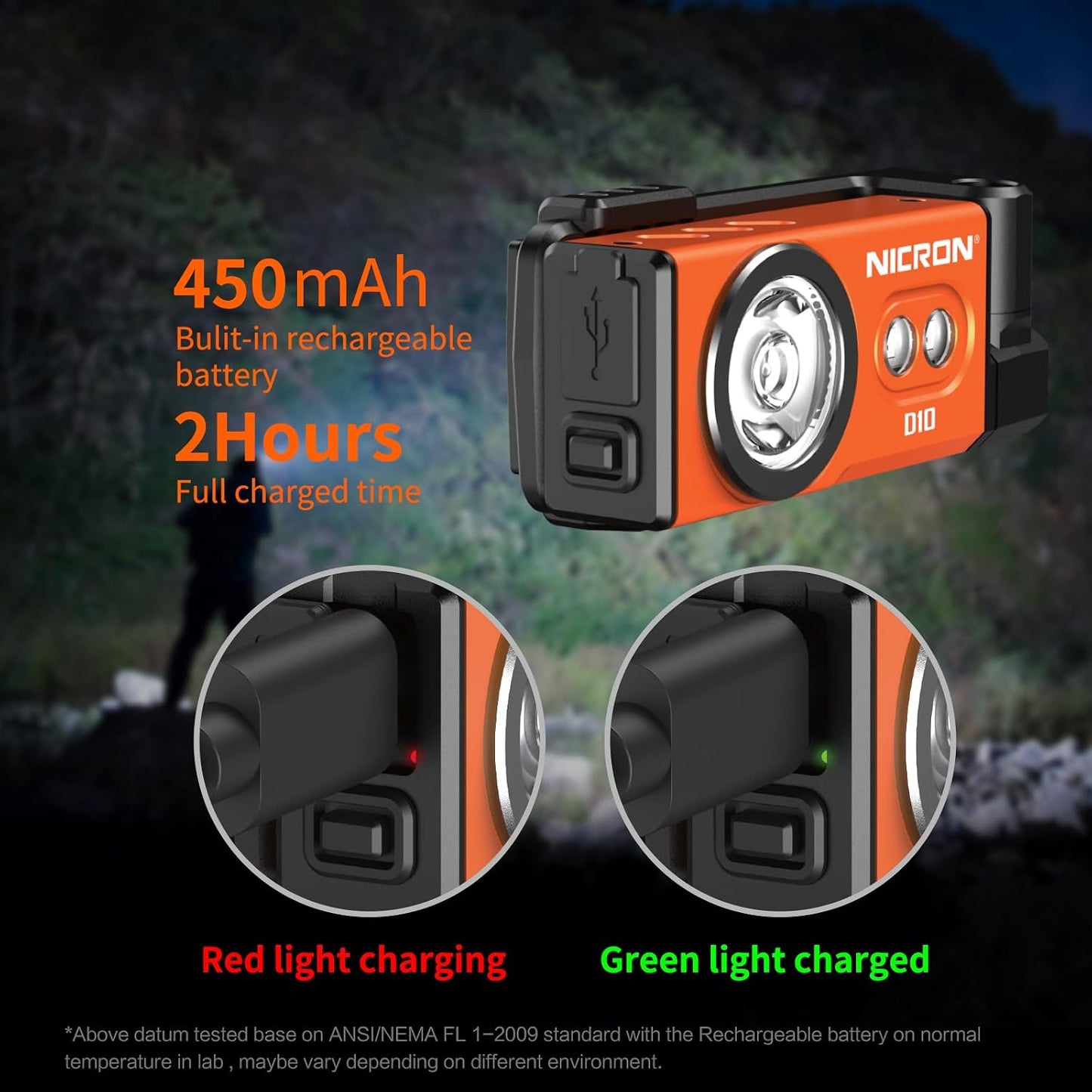Linterna recargable D10 500lm naranja con luz RGB UV