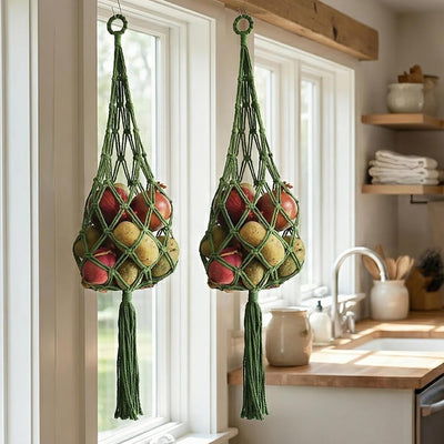 Bolsa colgante de macramé para frutas y verduras con borla