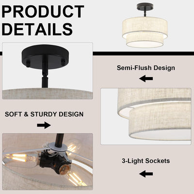 Lámpara techo 3 luces tambor negro tela metal cocina comedor