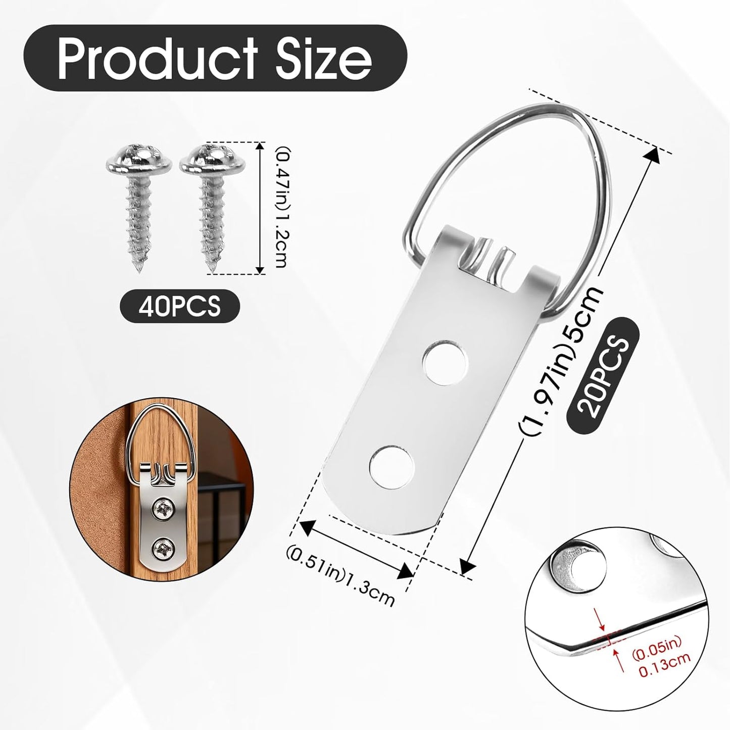 Set 20 Ganchos D Acero Inox para Colgar Cuadros Plateado