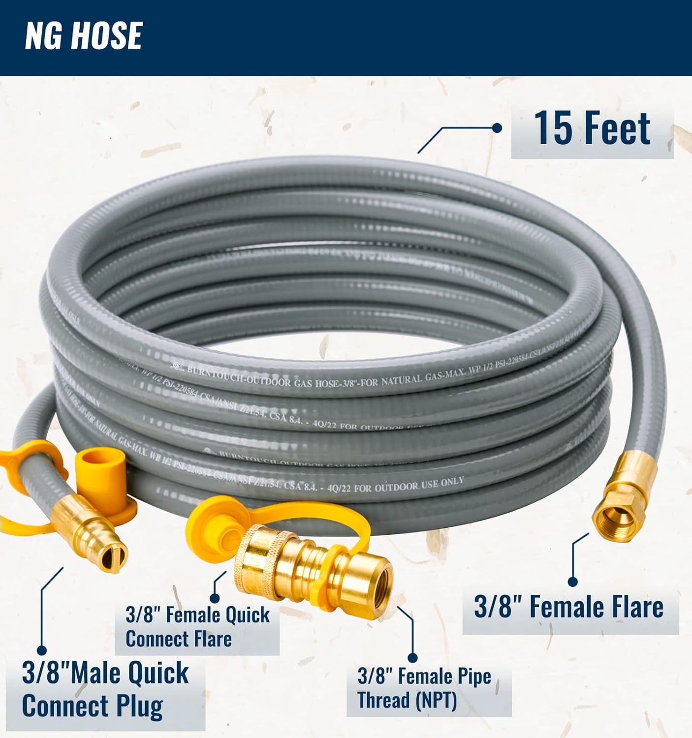 Manguera gas parrilla 15ft 3/8pulg con accesorios