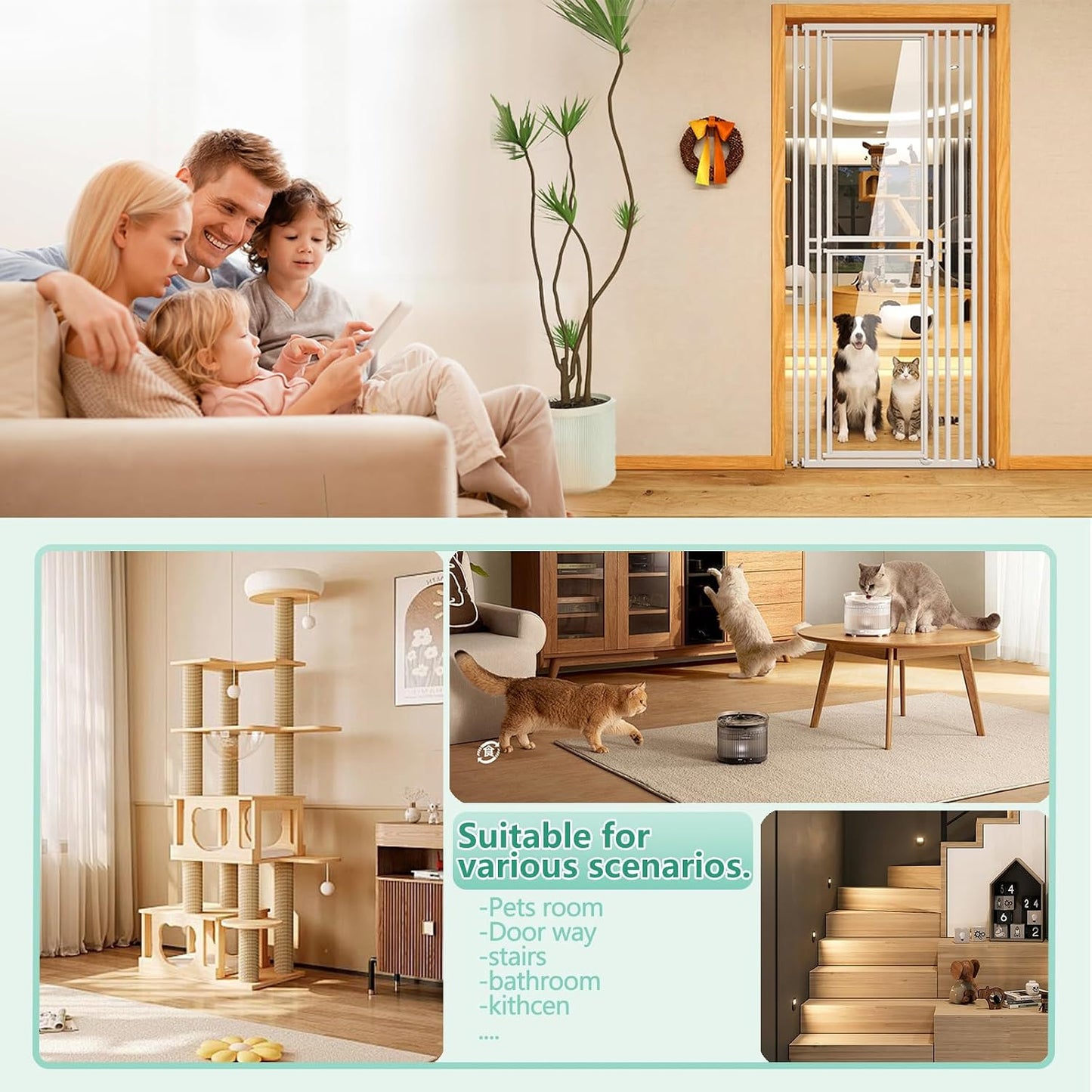 Puerta gatos alta 78.74pulg ajustable 28-37pulg