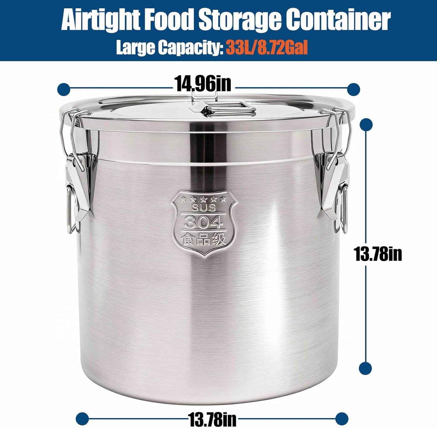 Recipiente hermético acero inox 33L con tapa y clips