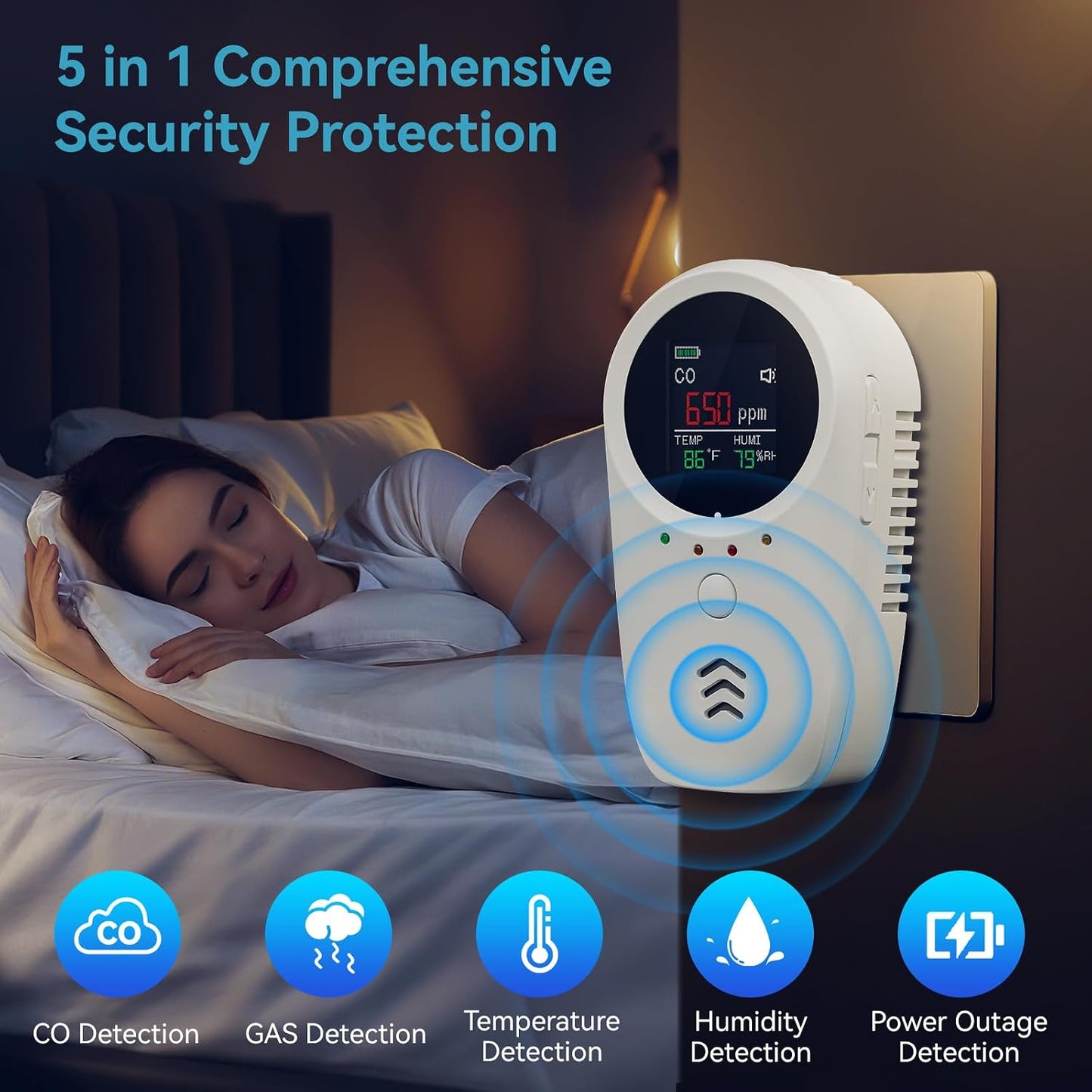 Detector CO 5en1 con batería recargable y monitoreo de humedad