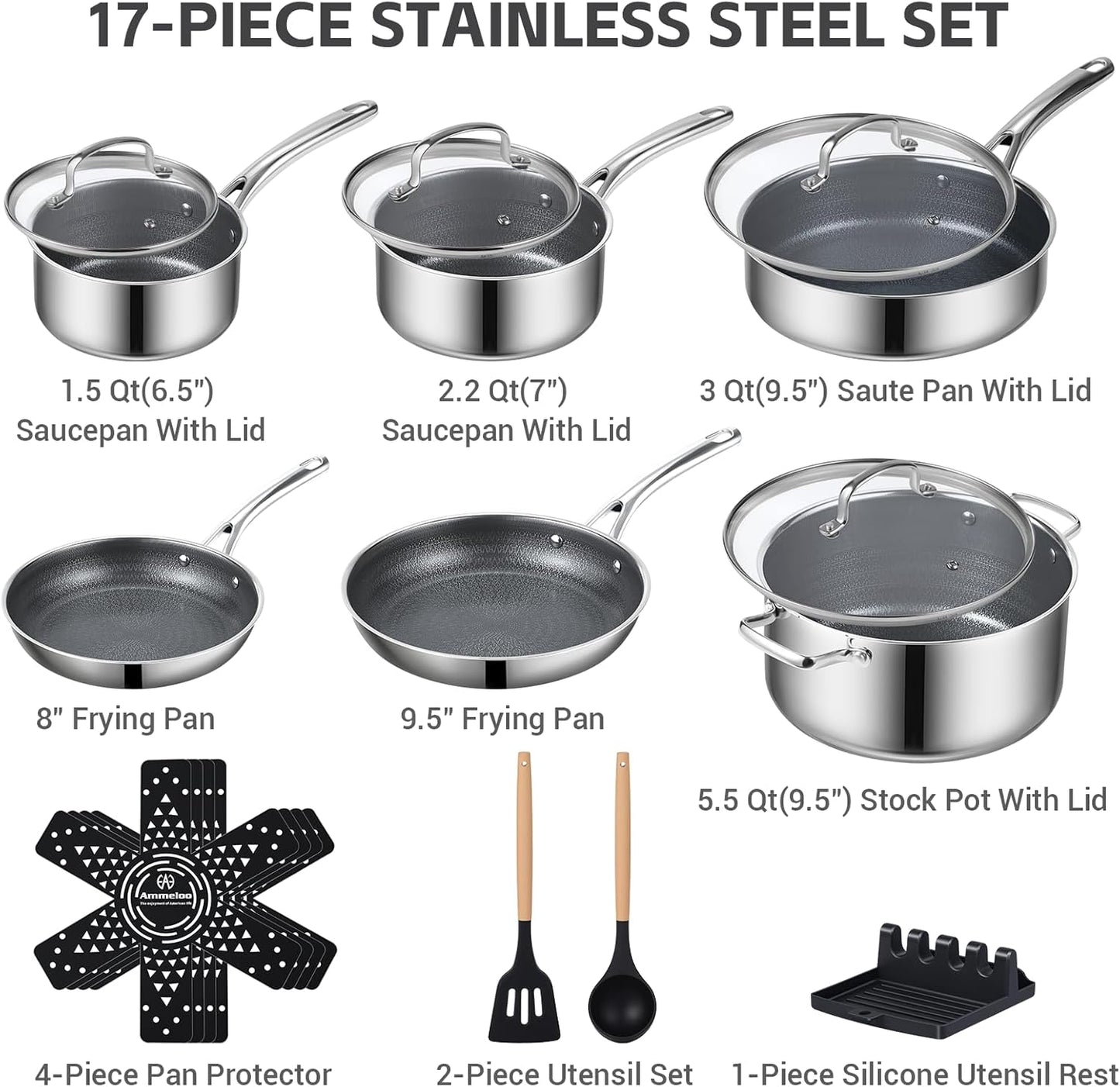 Set 17 Pzas Utensilios Antiadherente Acero Inox Moldes Hornear