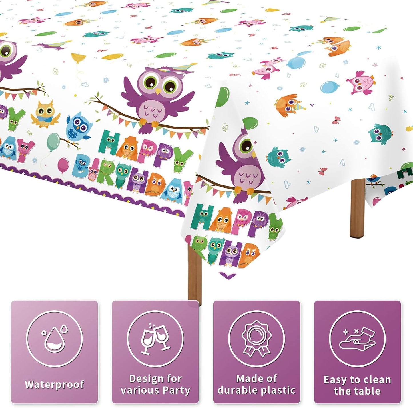 Mantel rectangular de plástico con diseño de búho animado para fiestas infantiles