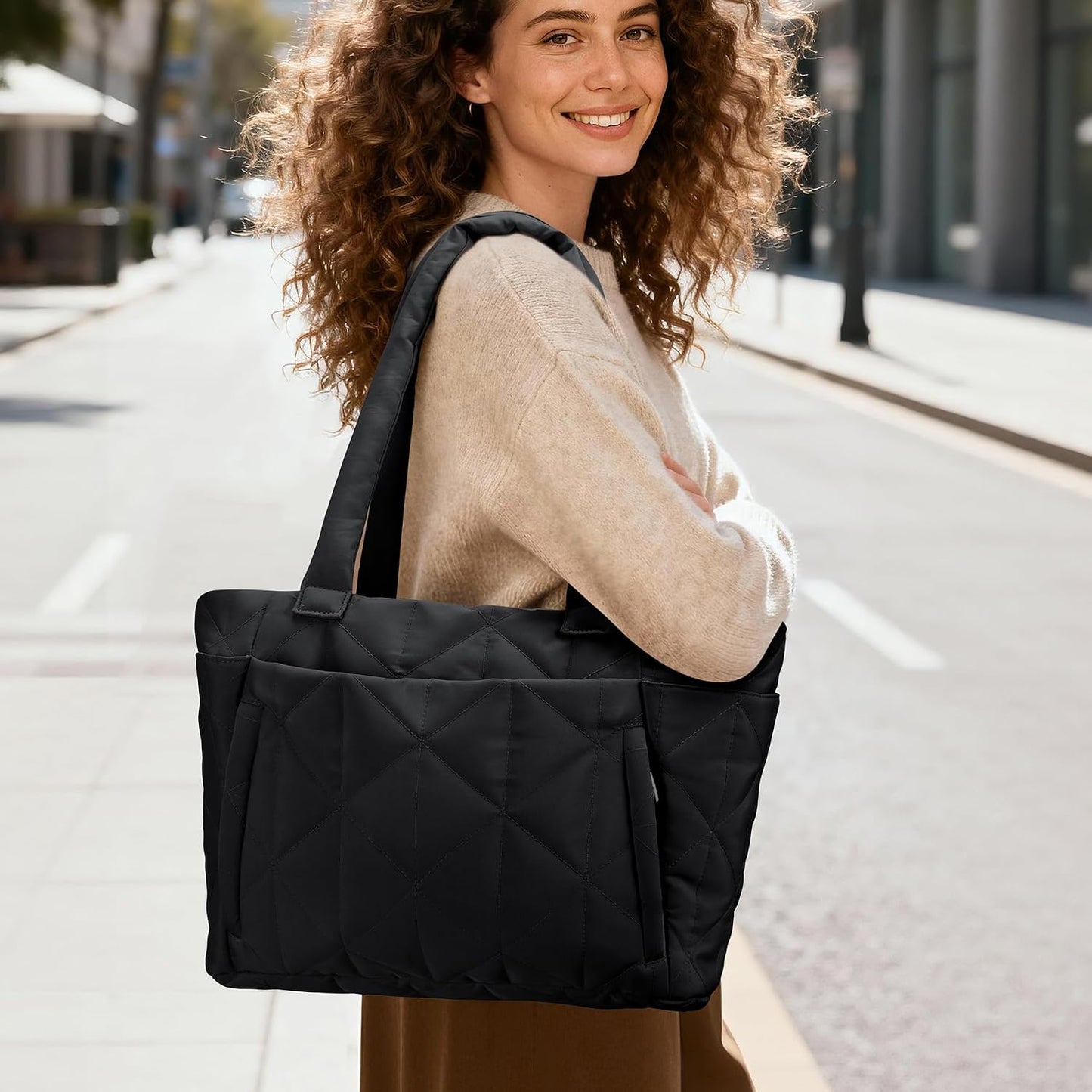Bolsa de hombro acolchada con bolsillos antirrobo para mujer