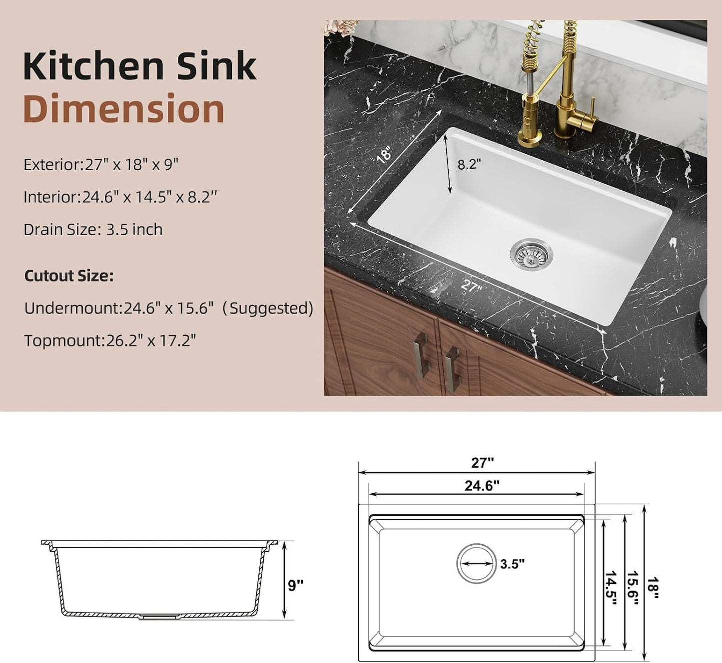 Fregadero cocina blanco 27x18pulg granito doble con cuenco