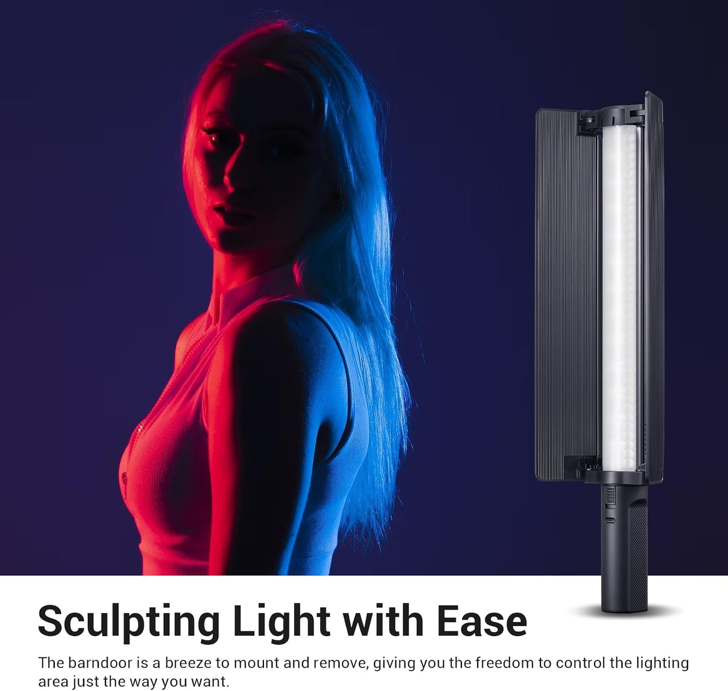 Luz RGB de mano 20W 360° con barndoor y difusor suave