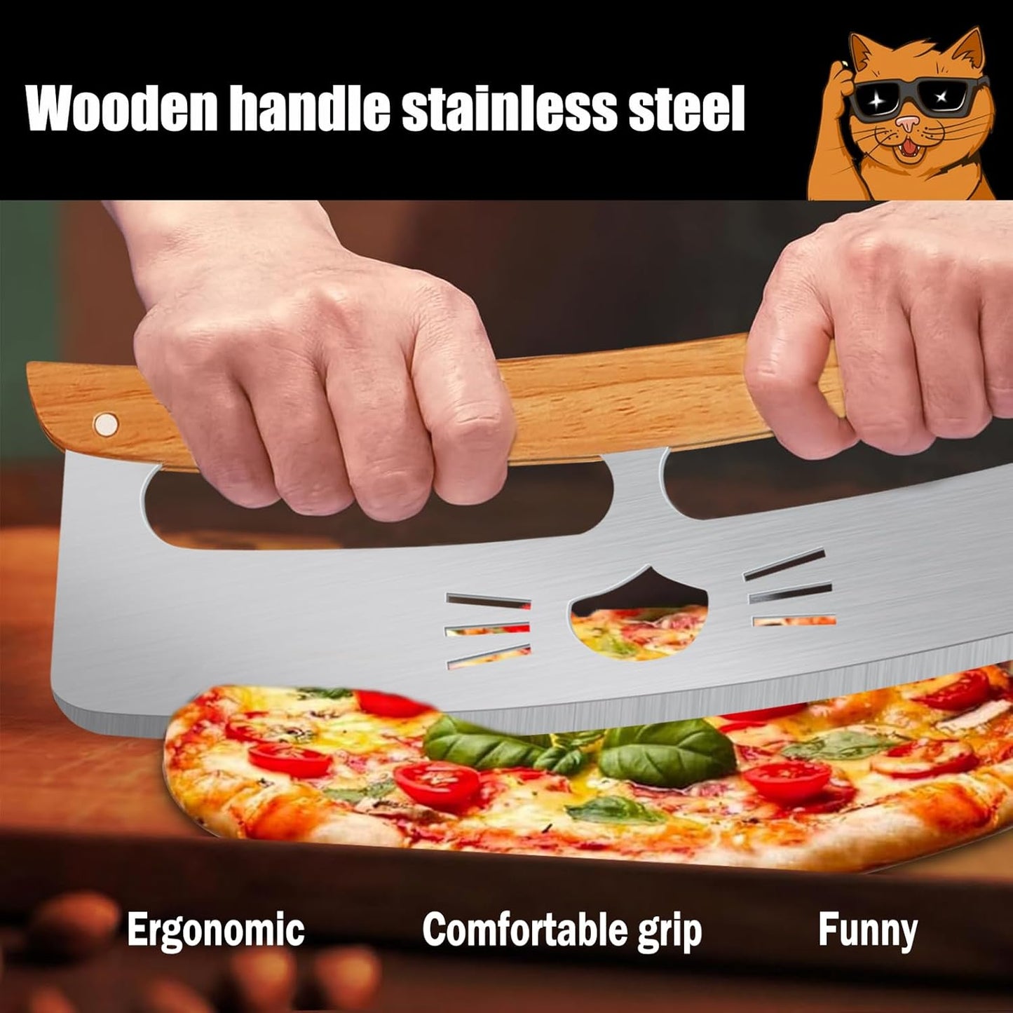 Cortador de pizza Rocker 14 pulgadas de acero inoxidable con mango de madera