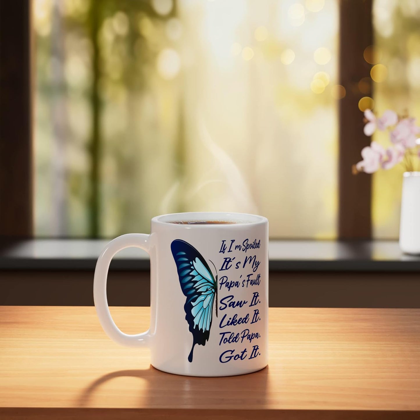 Taza de cerámica para abuelos con mariposa blanca