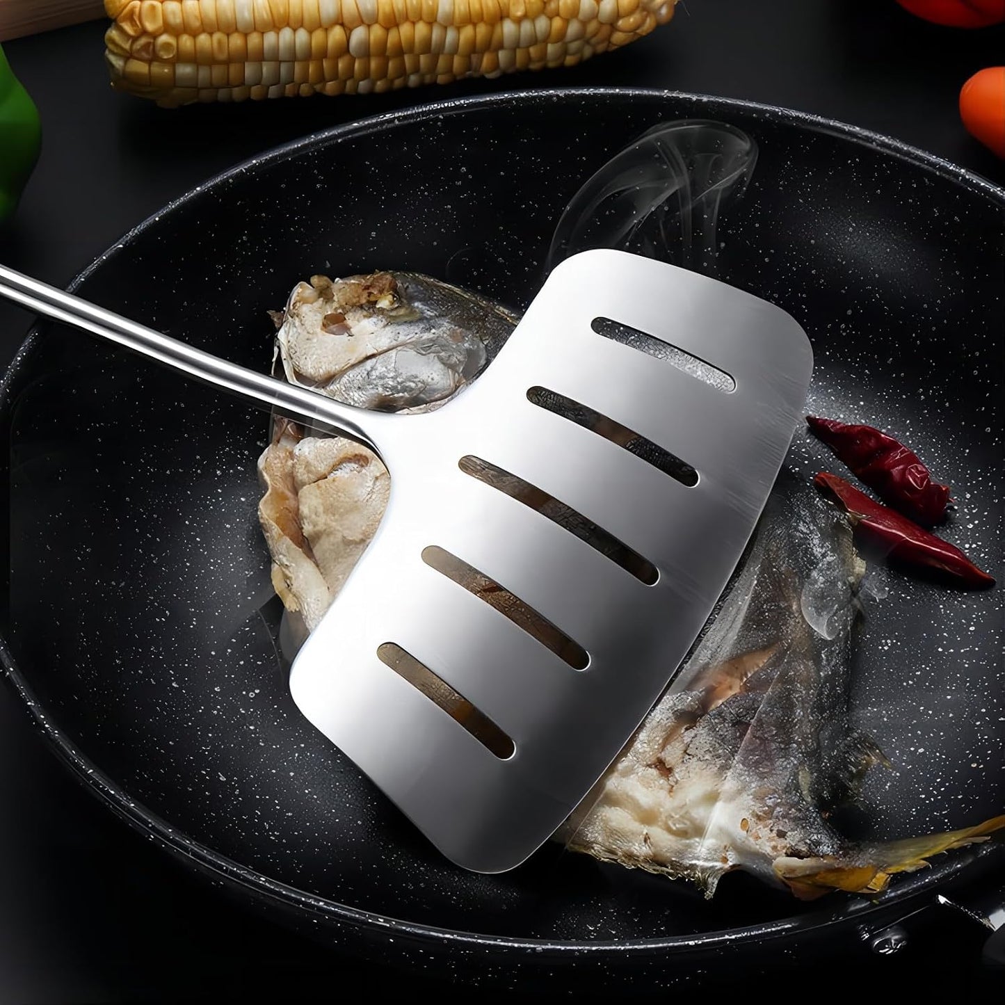 Espátula acero inox ranurada mango largo cocina