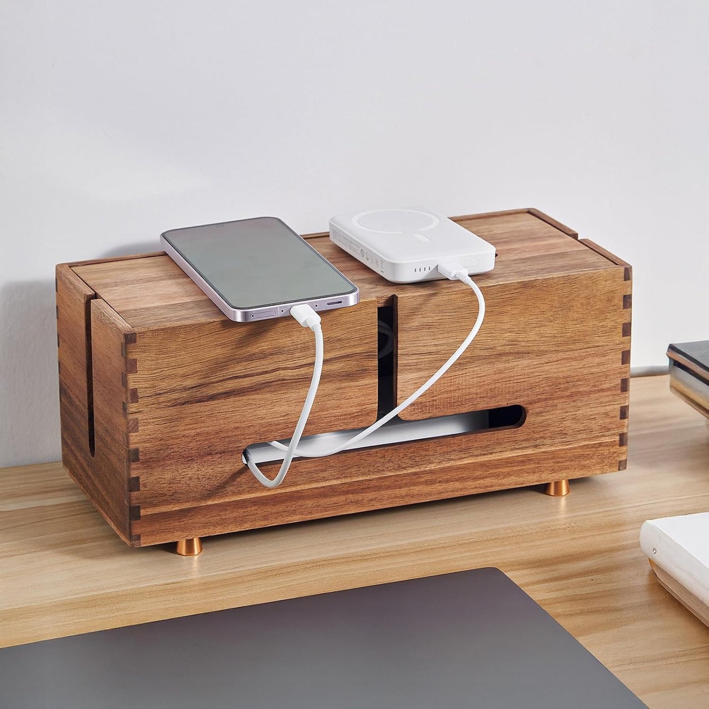 Caja organizadora cables madera acacia 4ft para escritorio