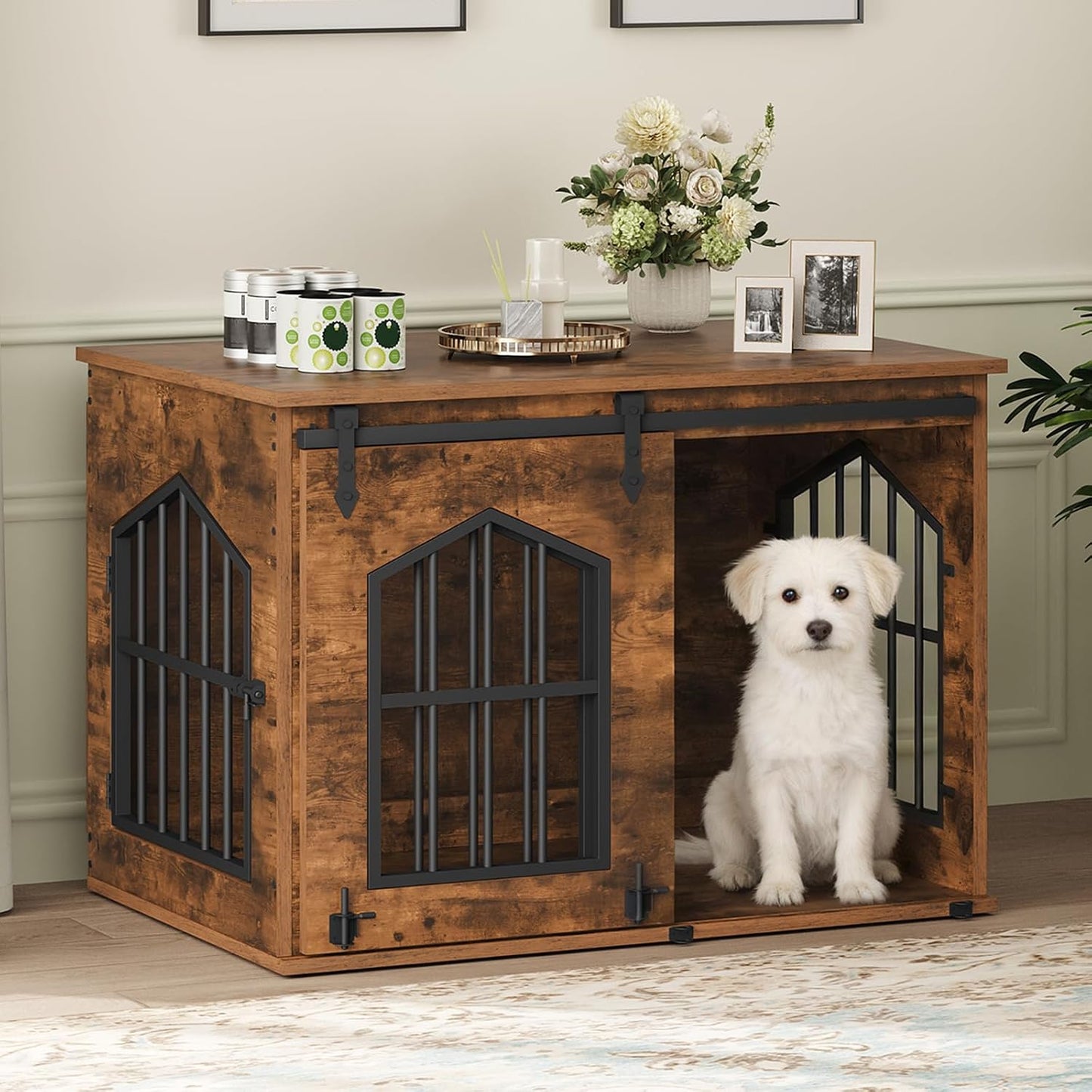 Jaula perros madera 31.5pulg puerta corrediza marrón rústico