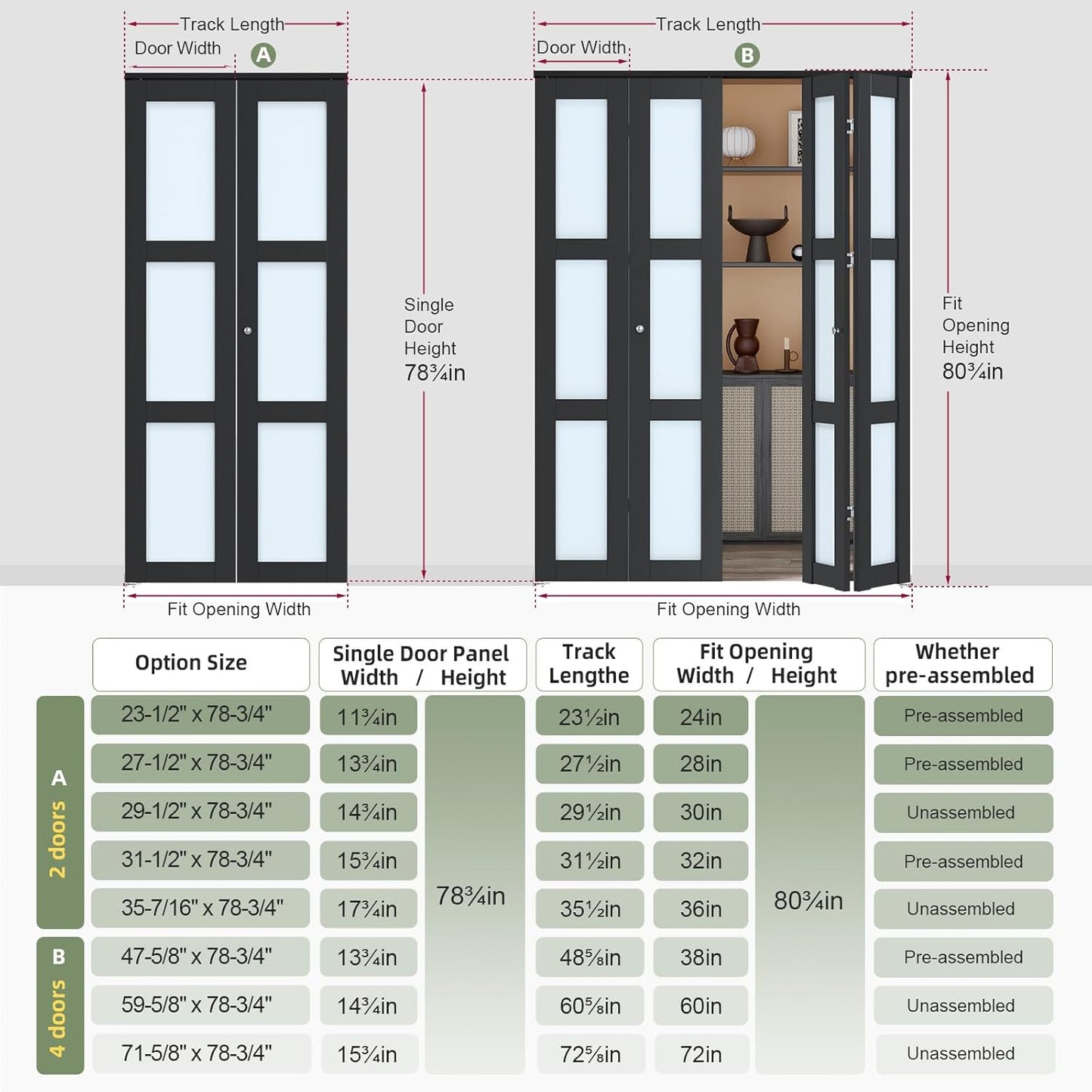 Puertas plegables armario vidrio 28x80pulg kit