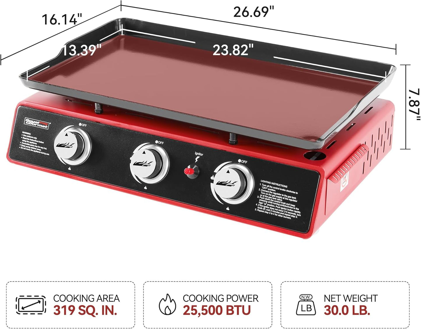 Plancha propano 3 quemadores 24pulg portátil 25500 BTU
