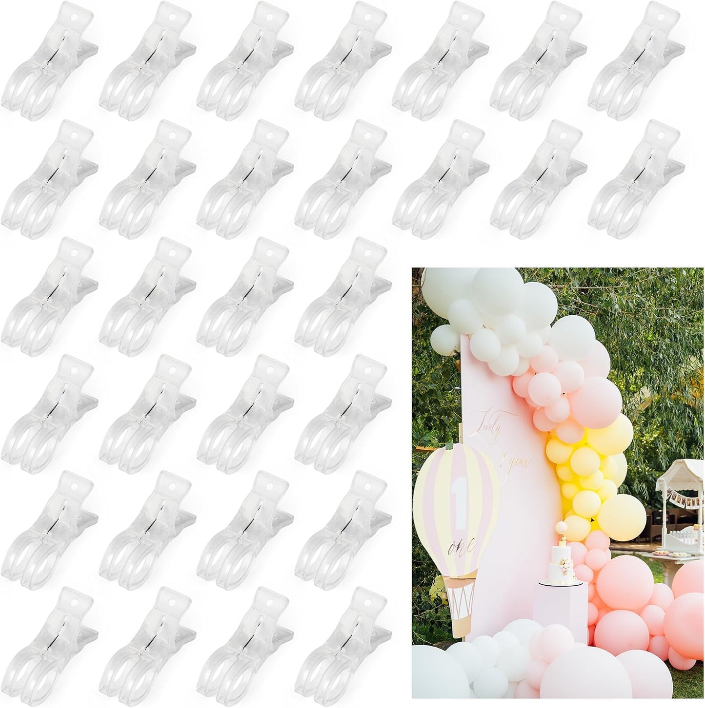 Set 30 Clips Arco Globos Plástico Transparente 3.62pulg