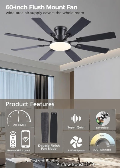 Ventilador techo 60pulg luces control remoto motor CC 6 vel negro