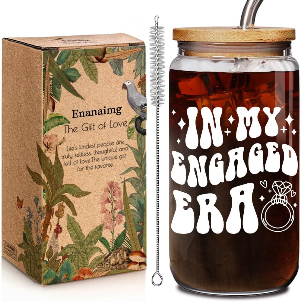 Taza de vidrio para novias únicas con tapa y pajilla 16 oz regalo compromiso