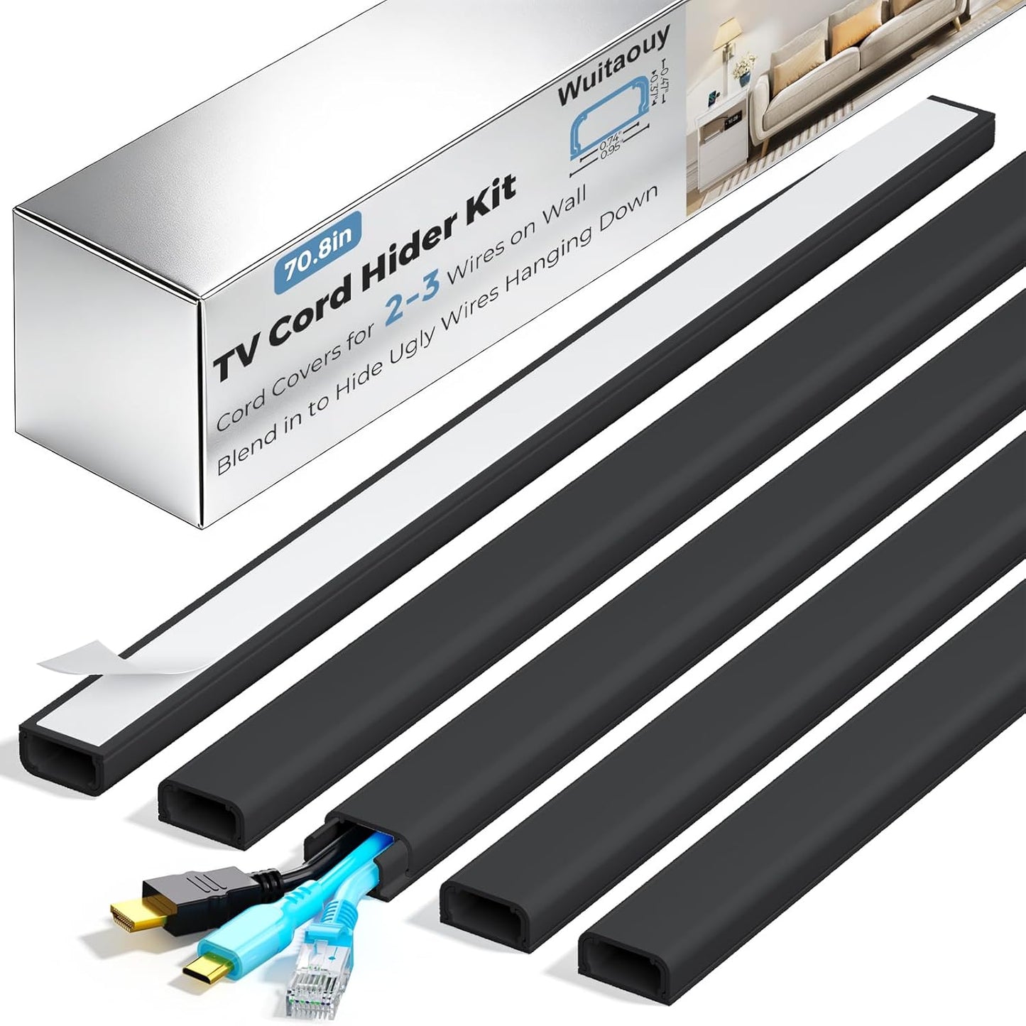 Kit ocultador cables autoadhesivo para pared 70.8pulg