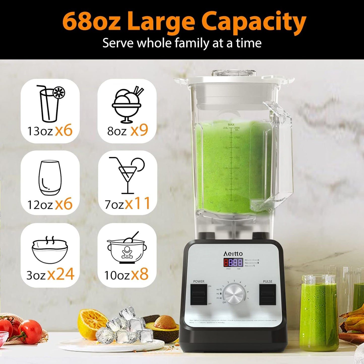 Licuadora de encimera 1500 vatios gran capacidad 68 oz color plateado