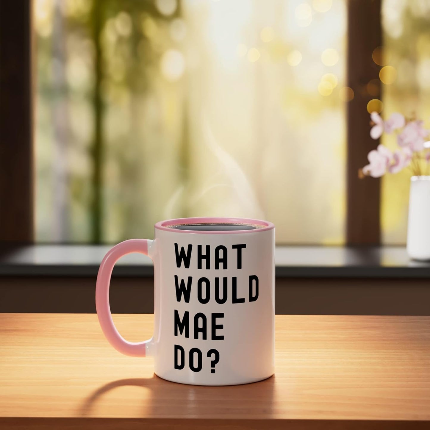 Taza de cerámica What Would Mae Do Rosa/Blanca