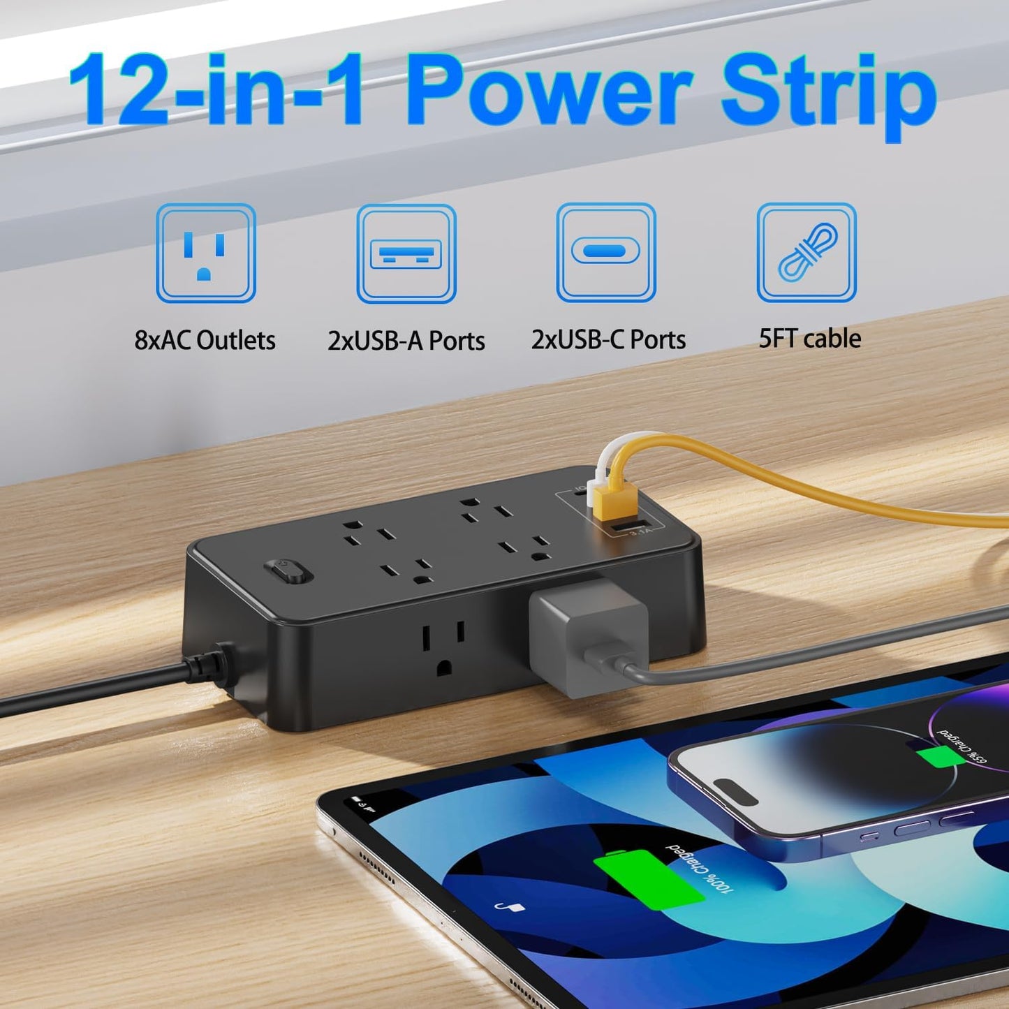 Regleta alimentación 6ft 8 tomas con USB-C y USB-A