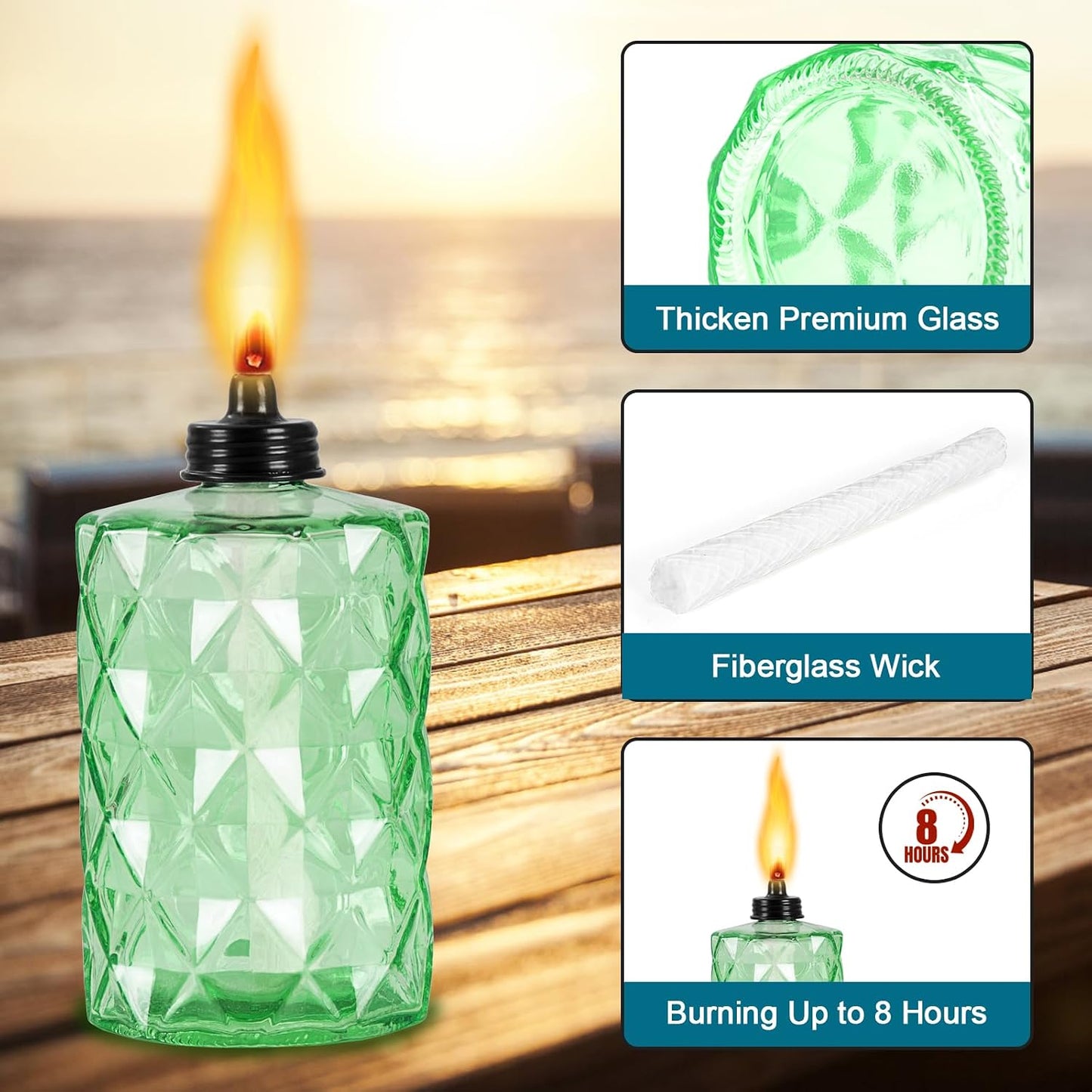 Antorcha cristal patio fiesta Luau recipiente 12oz con mechas
