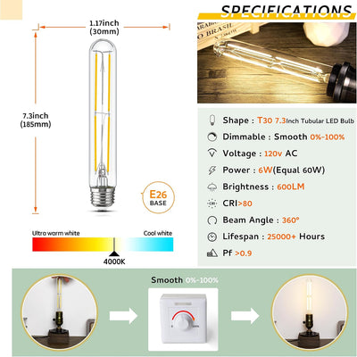 Bombilla LED T10 E26 6W 4000K blanco paquete 8