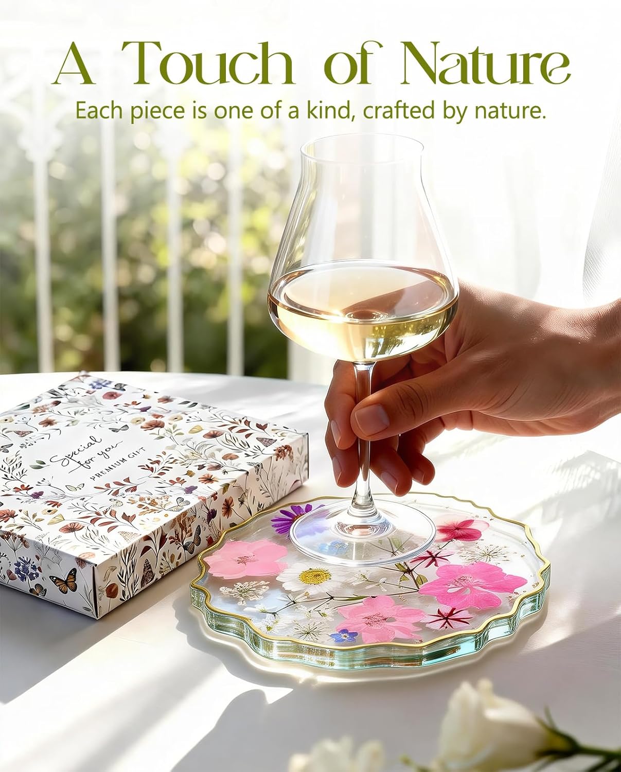 Posavasos de resina con flores secas color rosa y blanco para mesa de café