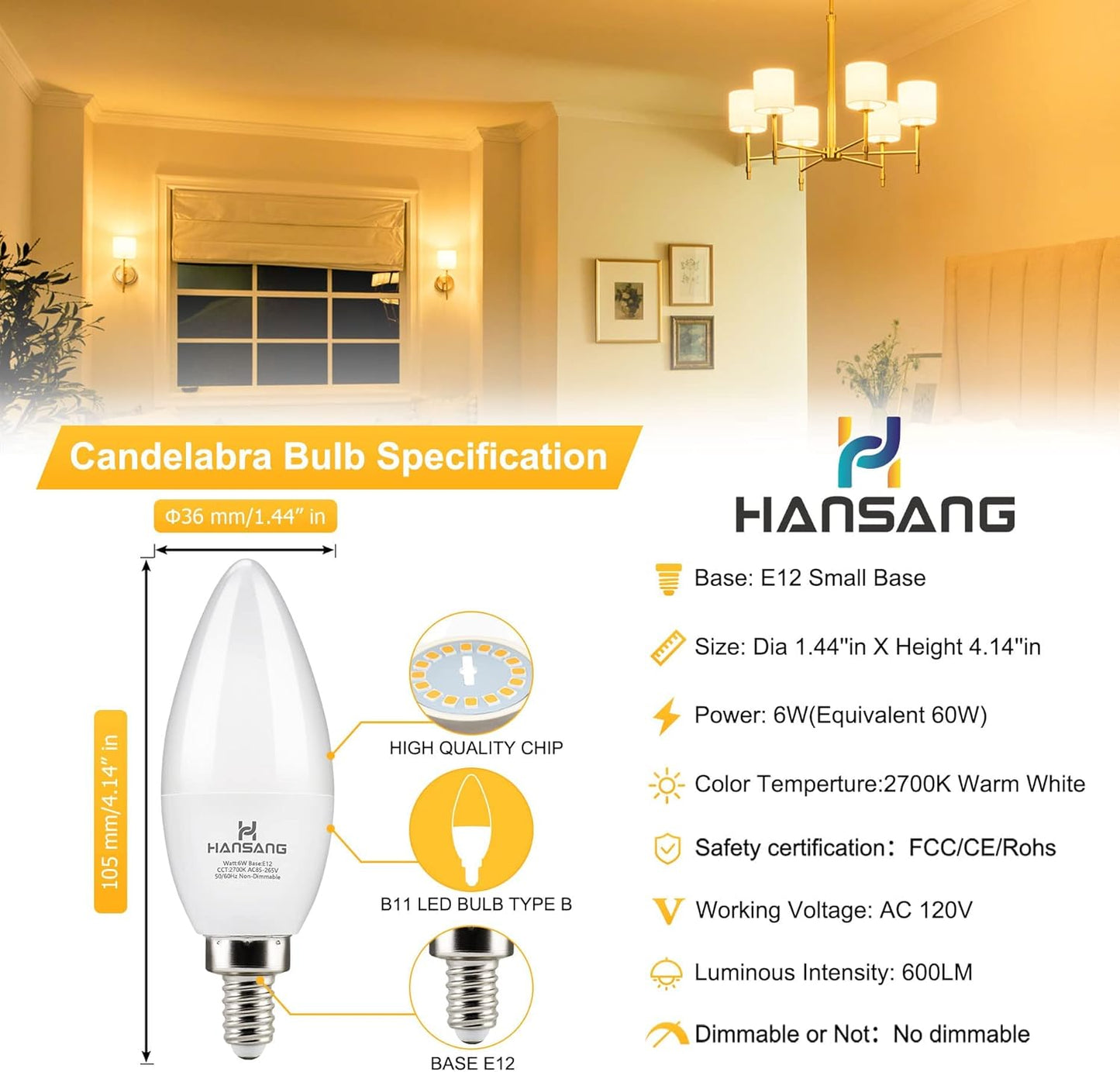 Pack 12 Bombillas LED E12 6W 2700K Base Pequeña No Regulables