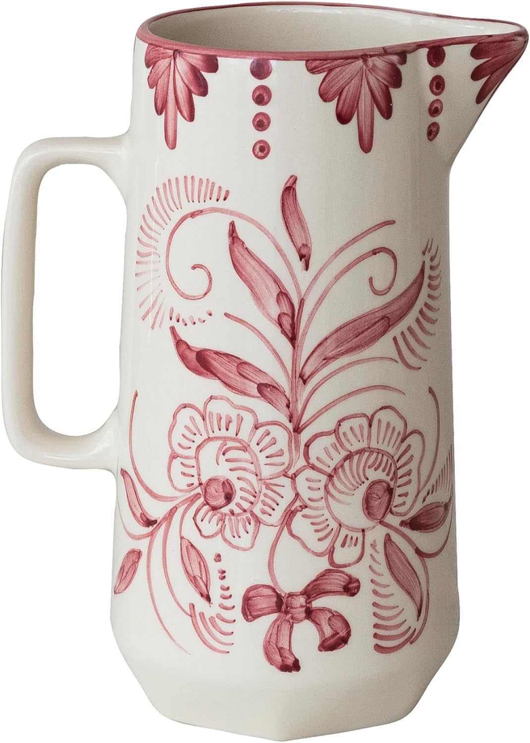 Jarra de gres pintada a mano con diseño botánico rosa y blanco