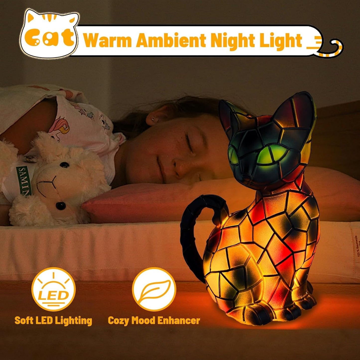 Lámpara gato vitral luz nocturna decoración hogar