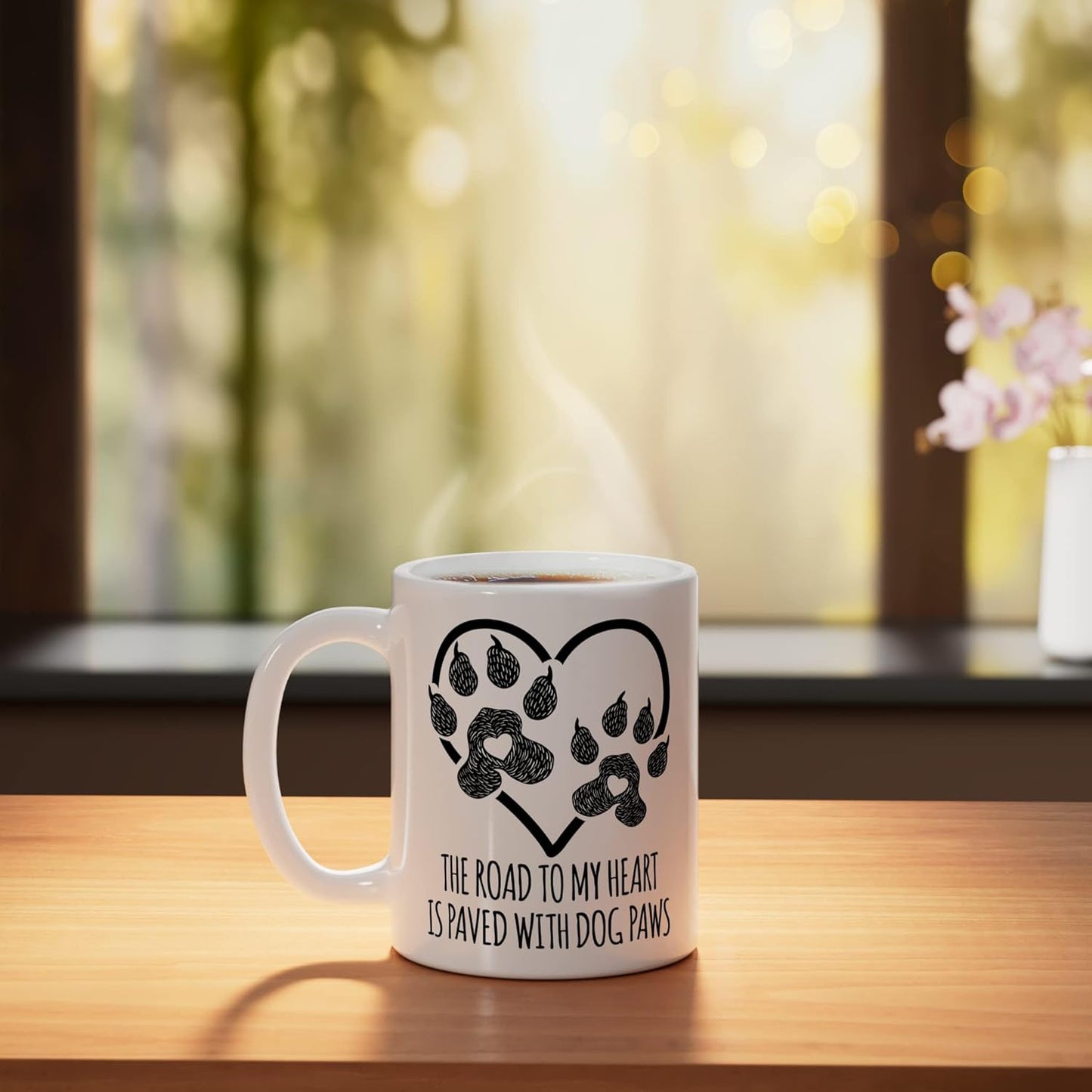 Taza de cerámica con texto I Love Dogs Road To My Heart Paved With Paw Prints blanca