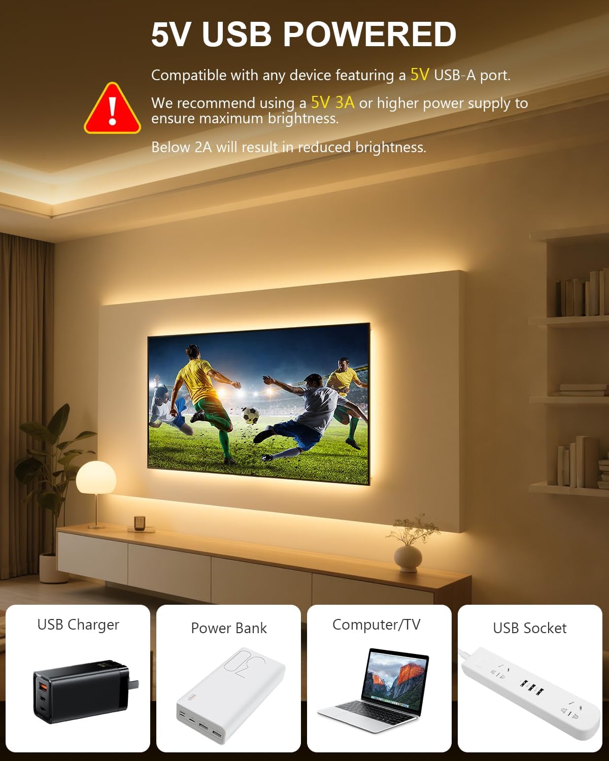Tira luz LED 16.4pulg 5V USB regulable con control remoto