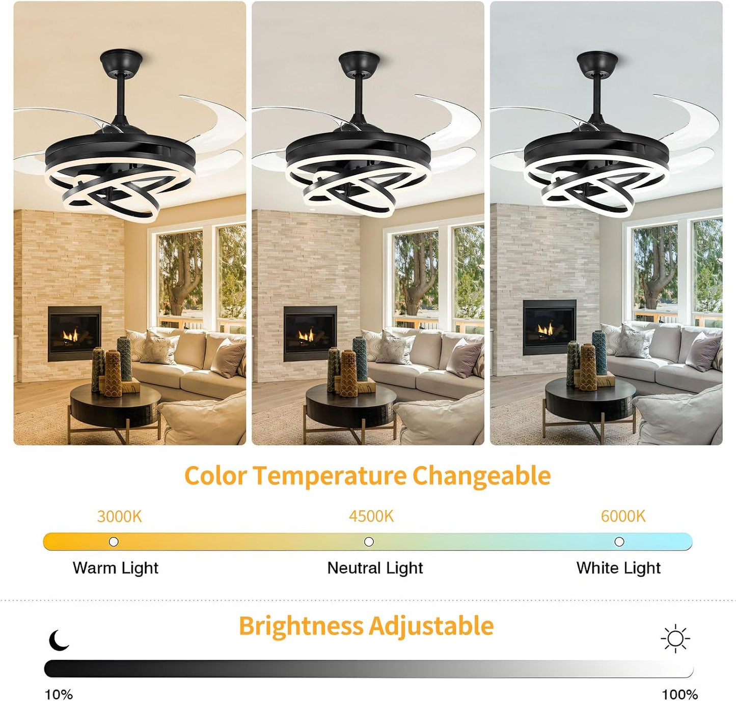 Ventilador techo retráctil 42pulg luces 3 temp 6 vel negro